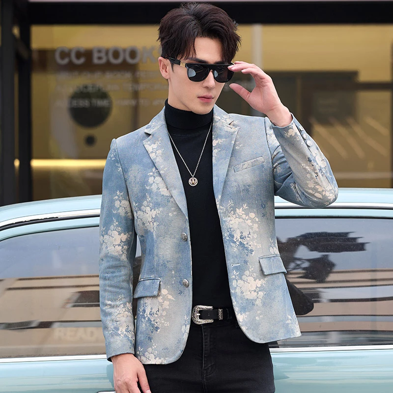 潮牌男装真皮皮衣男绵羊皮皮西装海宁青年休闲印花皮外套2025新款