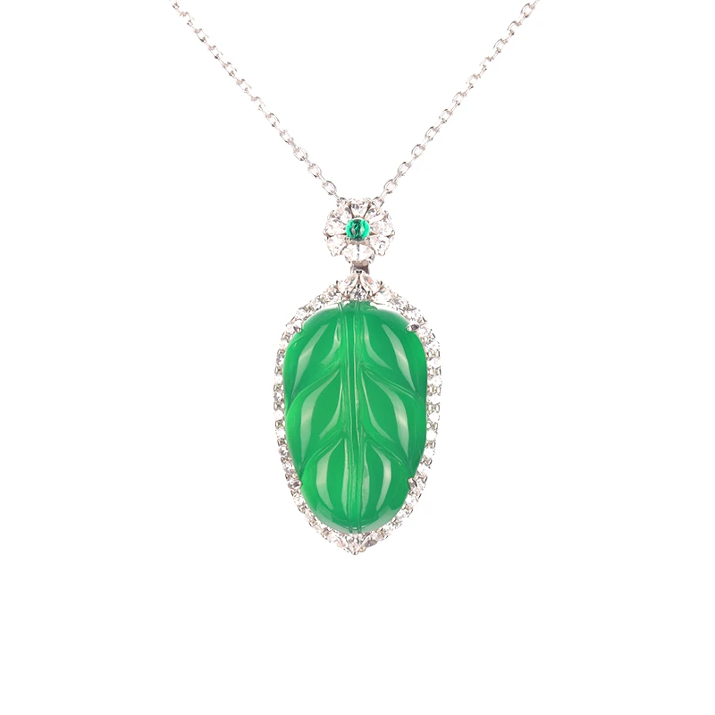 宋雅天然玉髓通体S925银新中式满绿叶子吊坠豪镶时尚精美珠宝