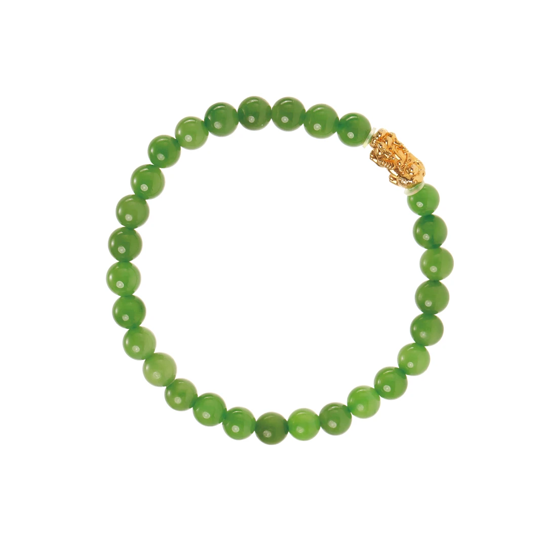 宋雅和田玉18k金镶嵌约6MM碧玉圆珠貔貅古法手串（多样性发其一）