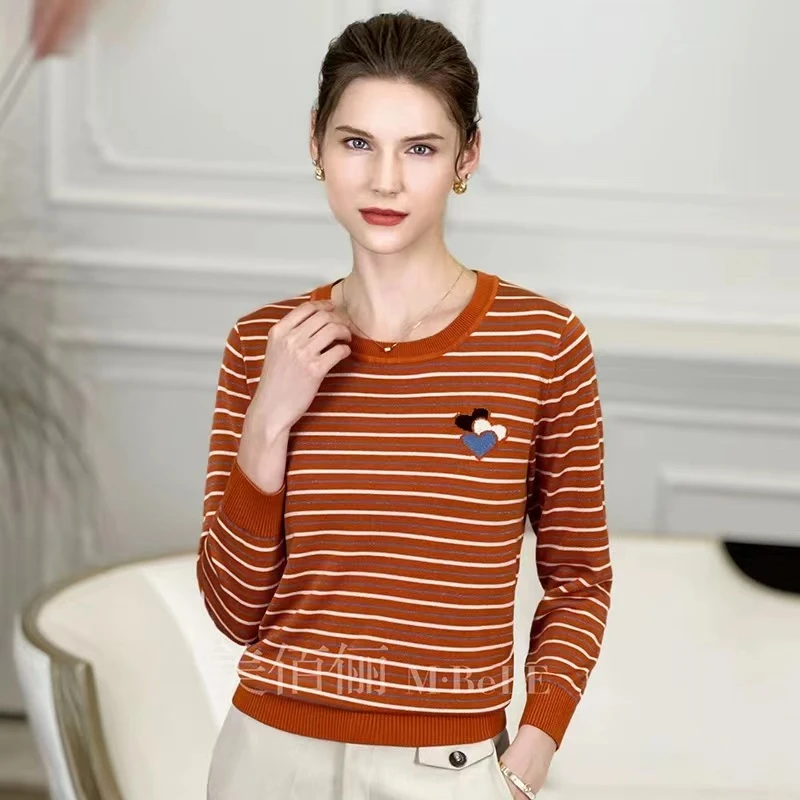 《霞姐服饰》秋季新款莱赛尔圆领条纹针织衫女百搭气质货号：Y86536