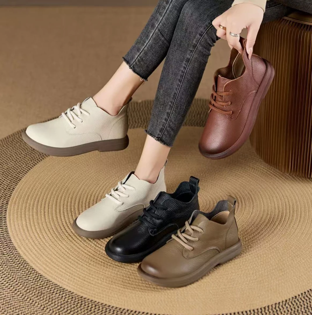 秋冬款软底软皮靴子真皮手工女鞋圆头系带百搭透气防滑休闲短靴