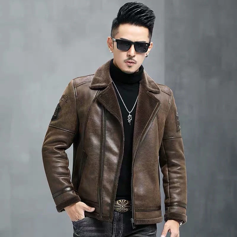 2023加绒一体男麂皮衣机车款商务休闲绵羊毛时尚刺绣秋冬加厚夹克