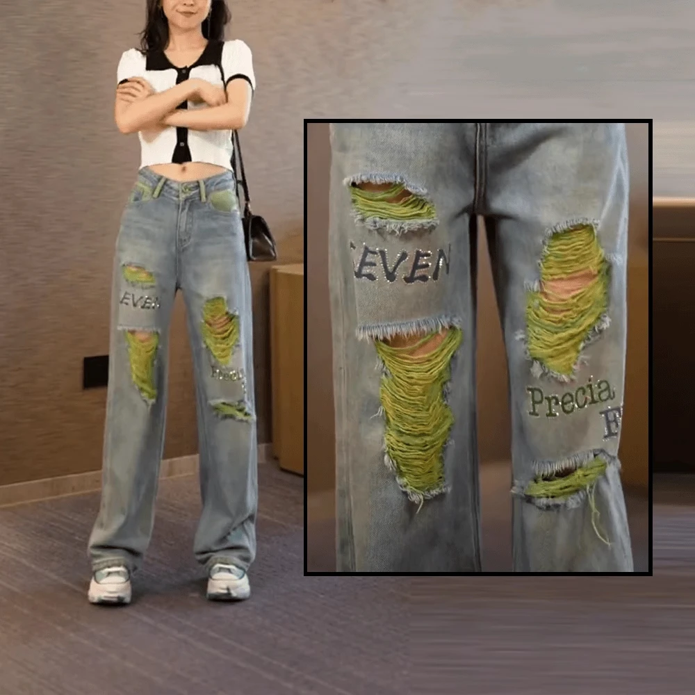 设计感破洞牛仔阔腿裤女2025年春夏新款高腰宽松显瘦烫钻直筒长裤