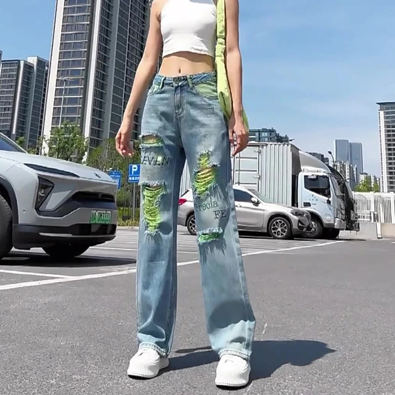 破洞乞丐直筒牛仔裤女高腰宽松春季薄款2025年新款刺绣百搭阔腿裤