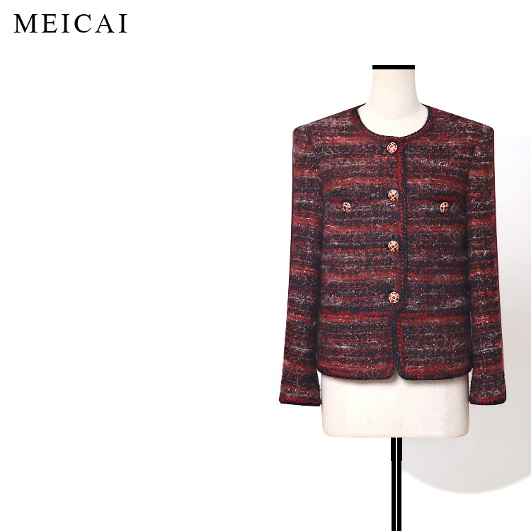 美裁 红玫瑰 绵羊毛亮片圈圈撞色花边微收腰经典小香风外套