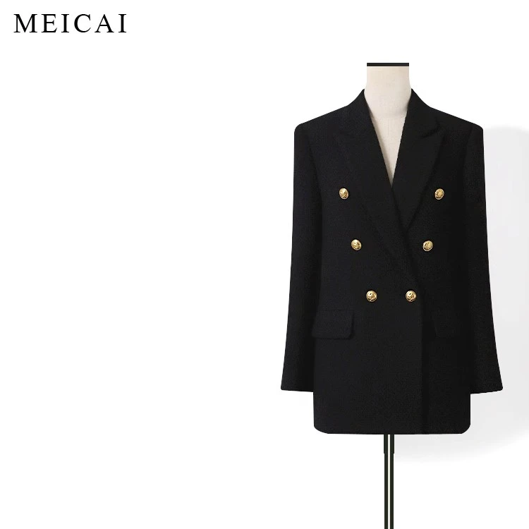 美裁【优雅老钱】黑金中长款复古双排扣女士高端羊毛收腰正肩西装