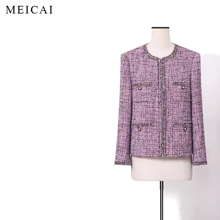 美裁 心动韵味紫 经典花呢重磅肌理编织四贴袋圆领小香外套上衣