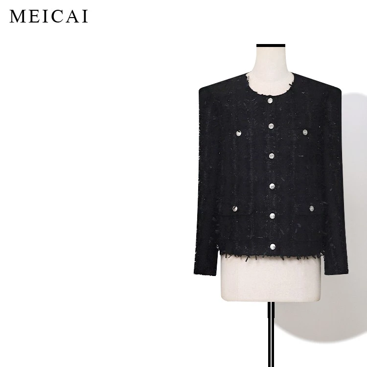 美裁 小夜曲 定制条纹立体羽毛纱粗花呢经典小香风短外套