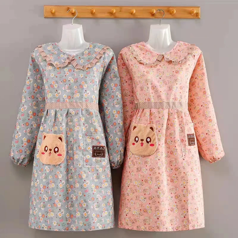 帆布棉围裙女长袖罩衣家用做饭厨房上班可爱洋气新款韩版围腰防污