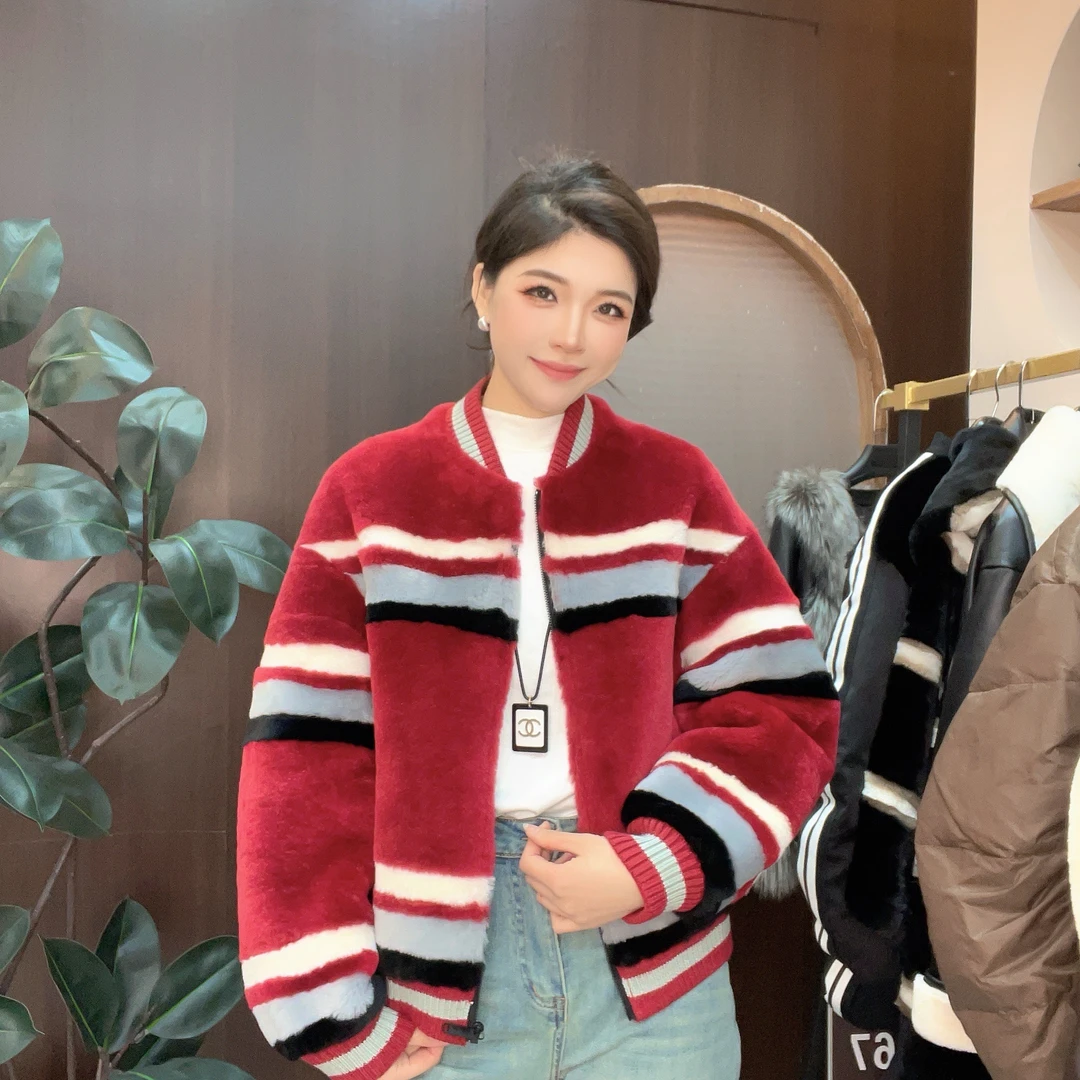 0380Fur Shop推荐--【甜酷辣妹】时尚设计撞色皮毛一体皮草外套