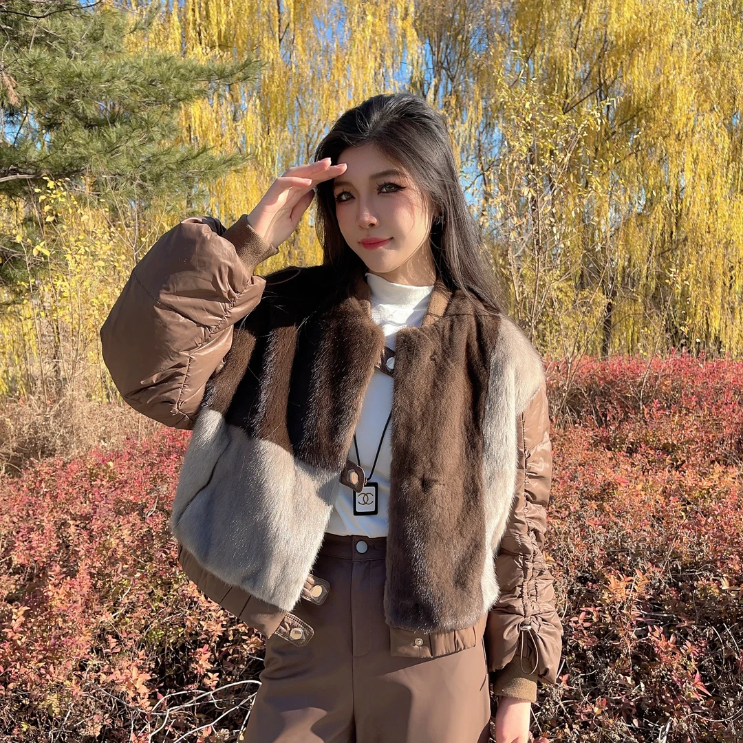 0380FurShop推荐--【气质赫本】时尚水貂拼接皮草冬装女皮衣外套女