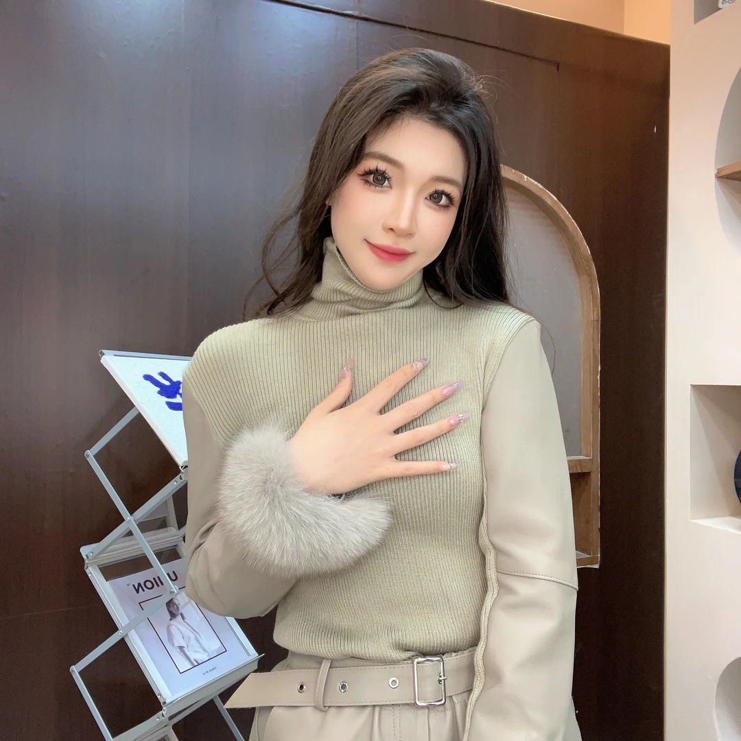 0380Fur Shop推荐--【玫瑰千金】时尚设计新款毛毛皮袖打打底衫