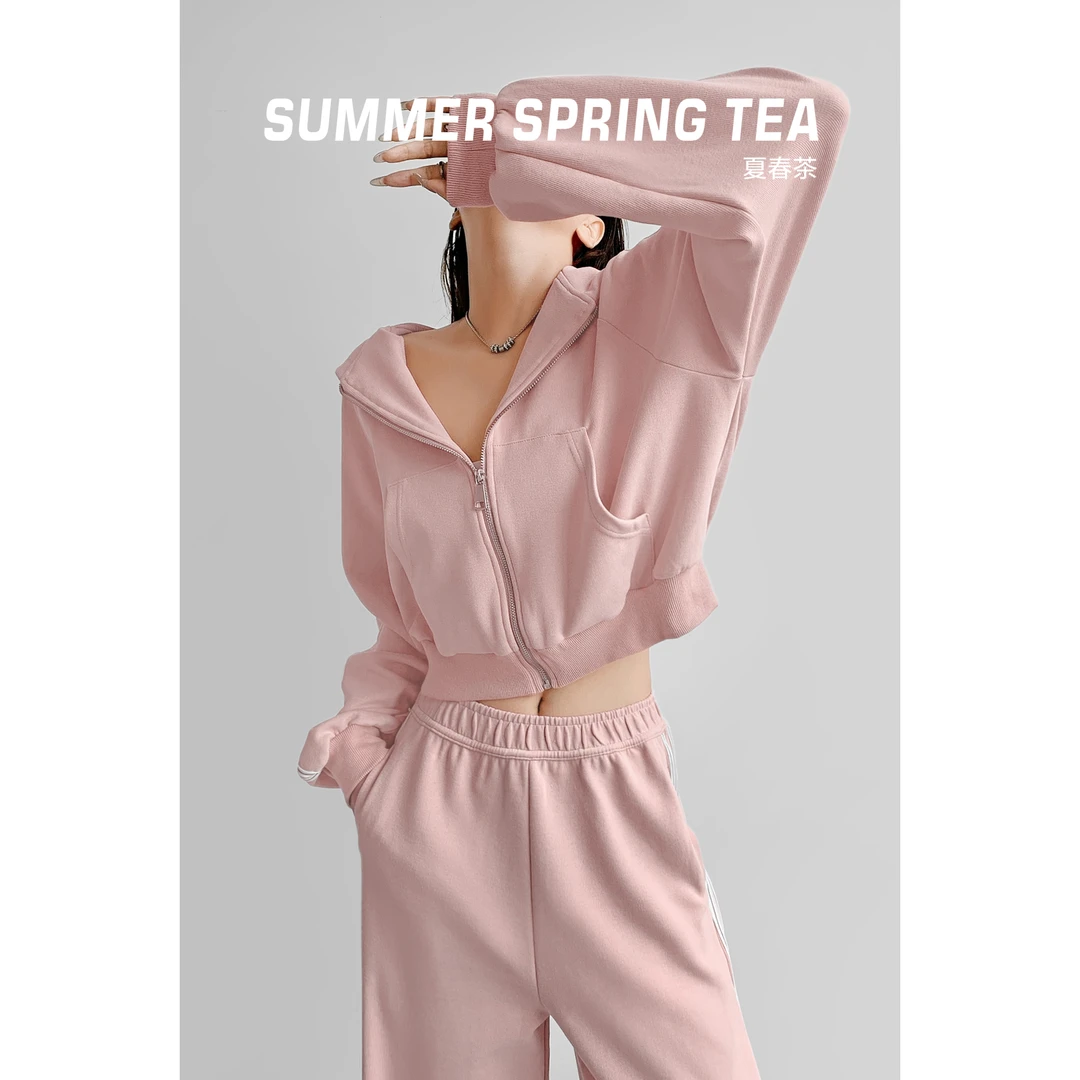 夏春茶欧美风拉链连帽卫衣女粉色宽松运动短款休闲外套上衣潮