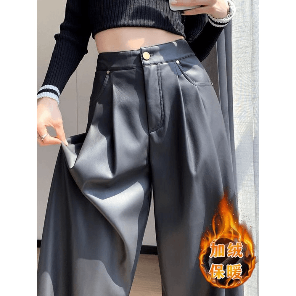 加绒加厚pu软皮裤女秋冬2024新款高腰垂感直筒宽松拖地黑色阔腿裤