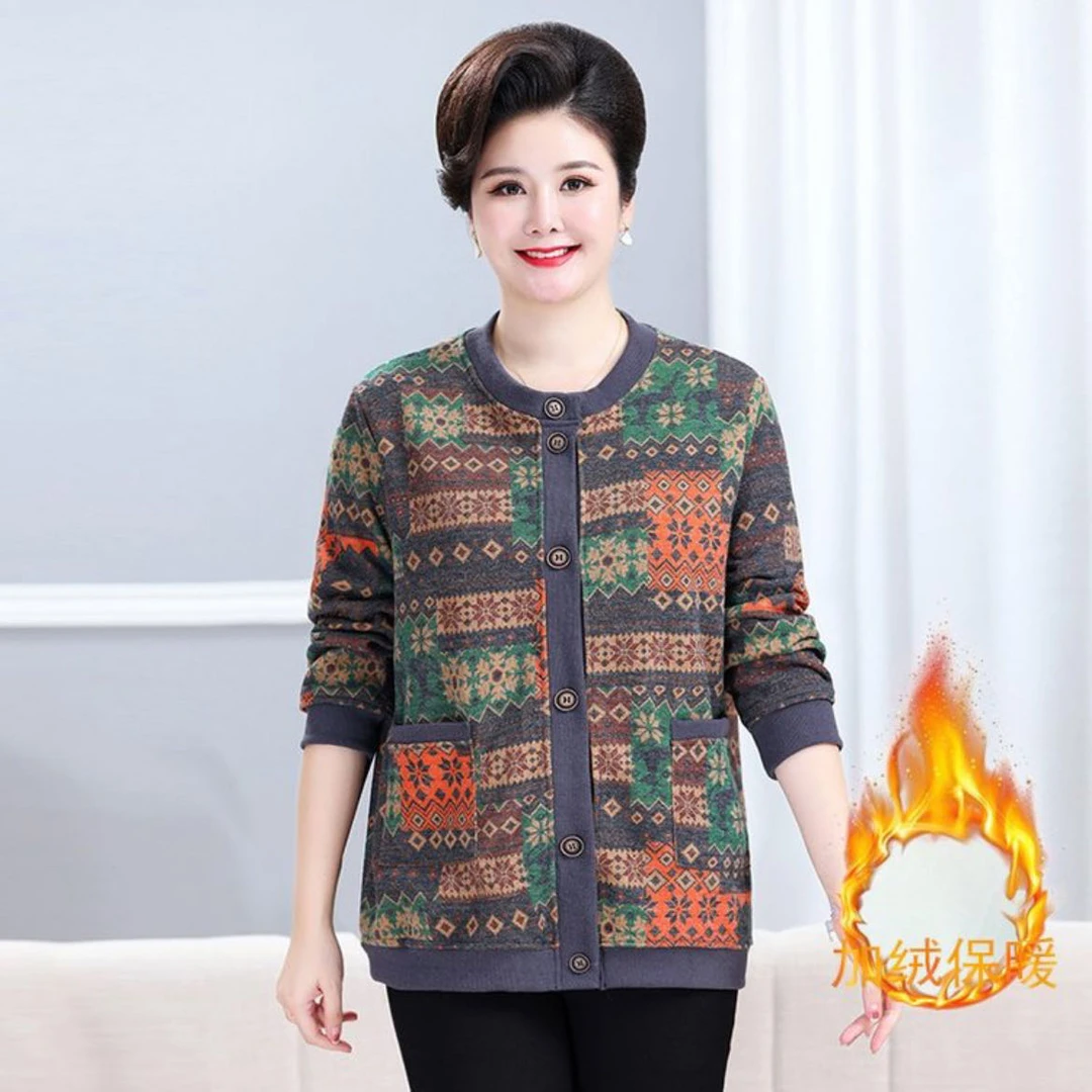 大码妈妈装中老年毛衣外套秋冬中年加绒加厚保暖宽松女士开衫毛衫
