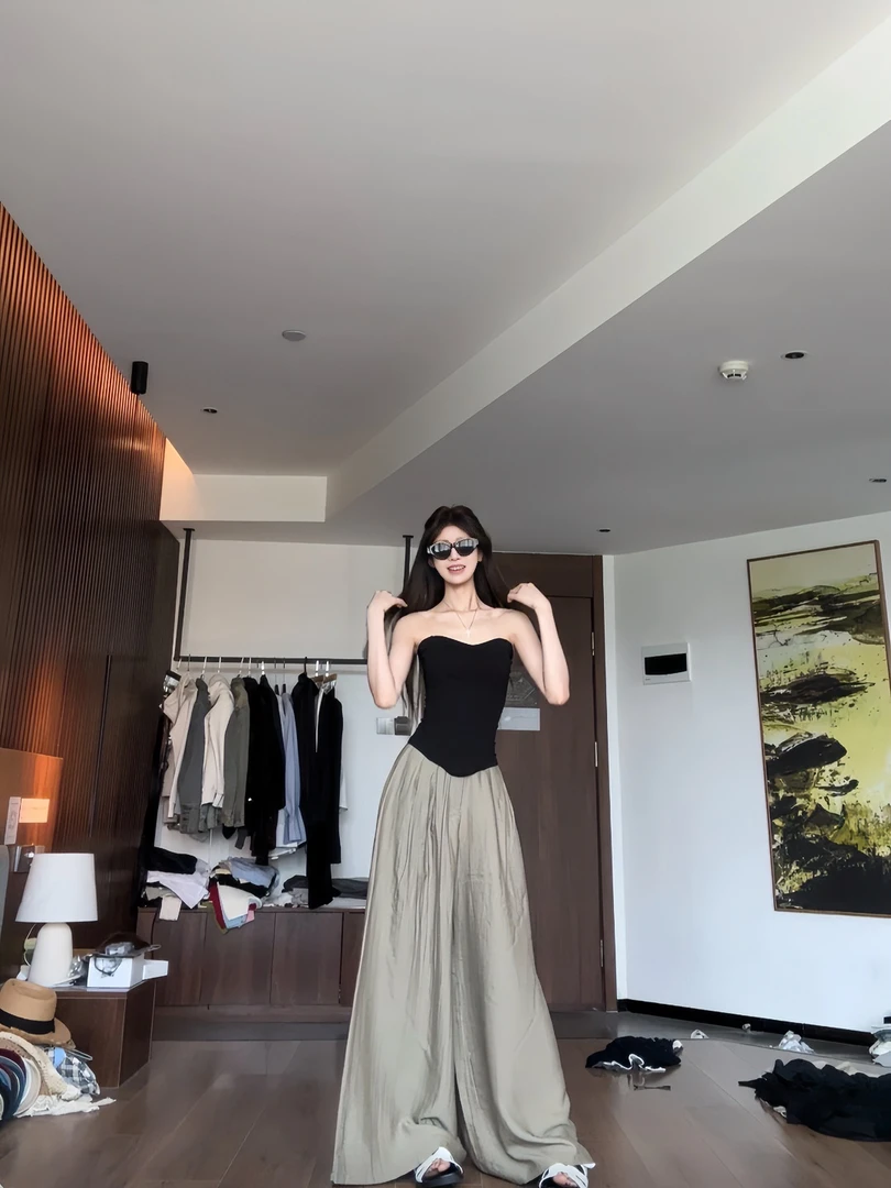 新款夏季宽松垂感直筒裤拖地裤时尚高腰褶皱百搭阔腿裙裤休闲裤