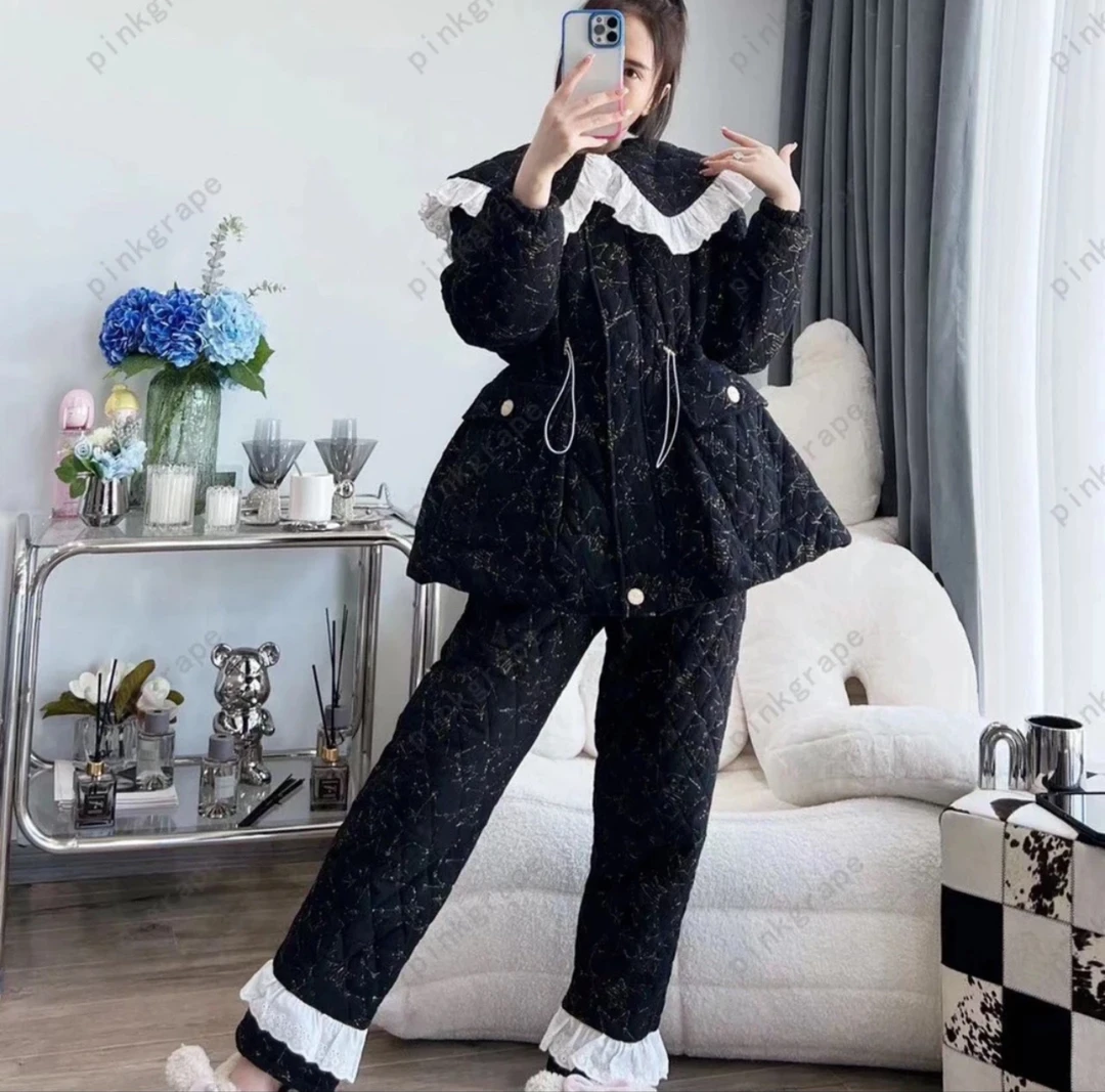 Pinkgrape爆款黑金家居服蕾丝黑色加绒加厚金丝保暖网红洋气冬季