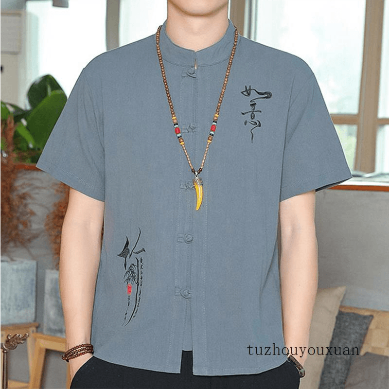 中国风爷爷男大码短袖衬衫复古中式立领居士服棉麻刺绣禅服薄款款