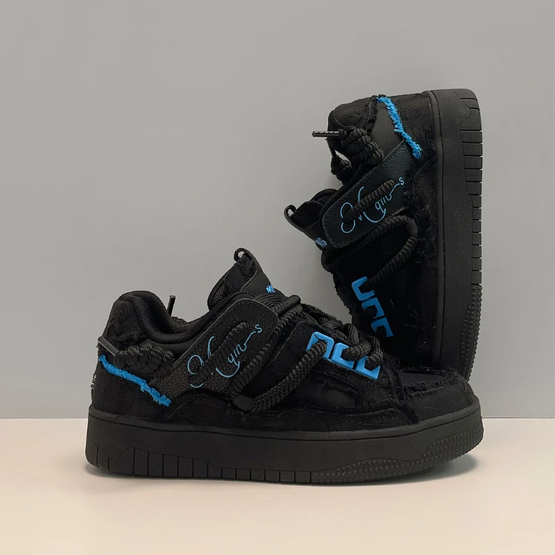 男潮板鞋破坏之黑武士国潮厚底增高鞋子男女同款百搭休闲面包鞋