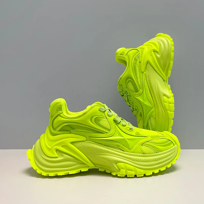 荧光绿色星星鞋复古户外老爹鞋男女同款厚底增高情侣透气运动鞋子