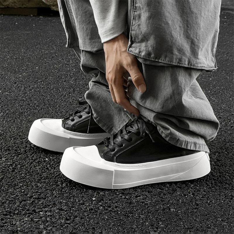 大头系列板鞋男新款黑白色厚底增高情侣同款翘头休闲男生德比鞋潮