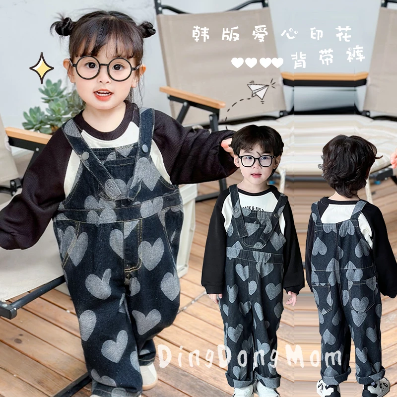 儿童背带裤中小童韩版洋气爱心印花外穿牛仔连体裤春秋宝宝男女童