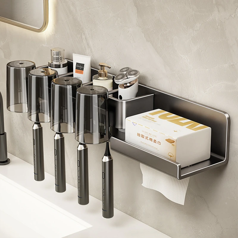 电动牙刷架子置物架卫生间免打孔漱口杯牙杯壁挂式纸巾架一体收纳