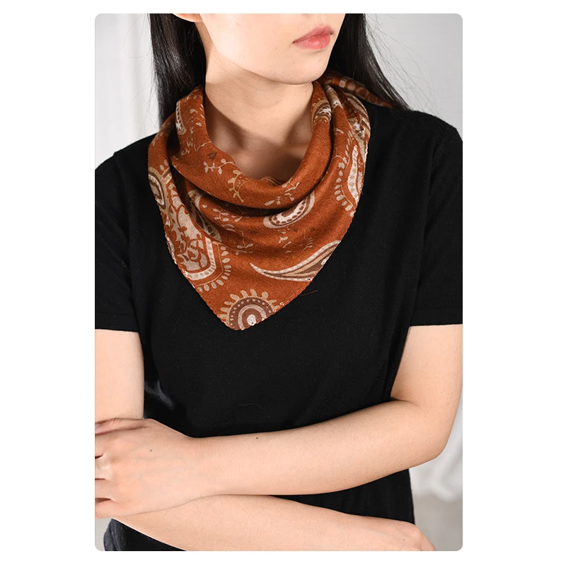 精纺桑蚕丝羊毛混纺腰果花印花围巾方巾