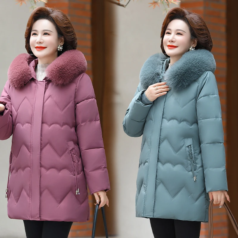 2024年新款秋冬加绒加厚保暖妈妈装棉服中老年女士连帽大毛领棉袄