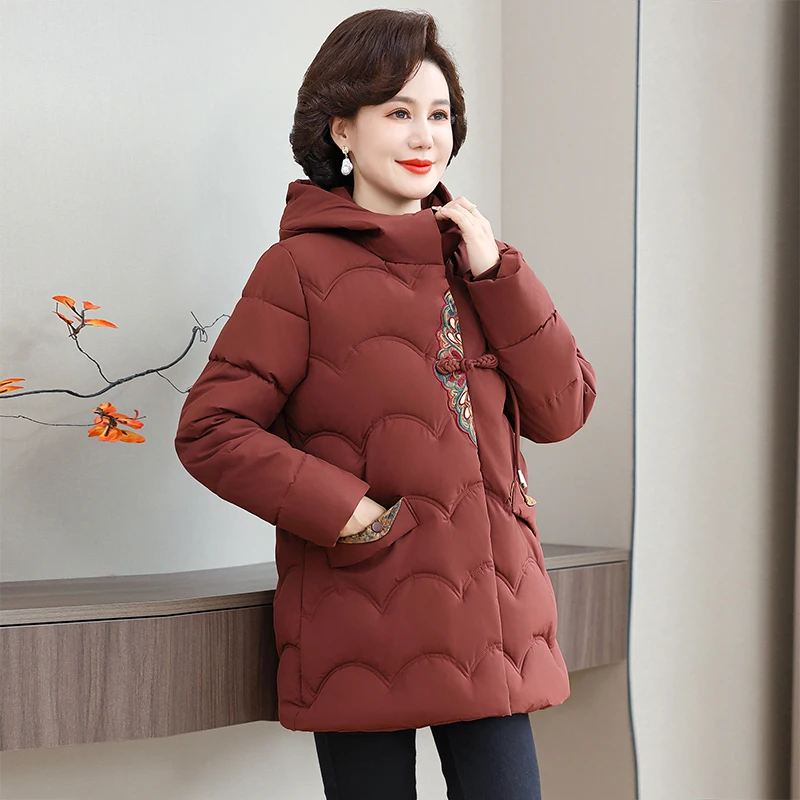 2024年新款冬季妈妈装棉服中老年女士国风盘扣连帽保暖棉袄奶奶服