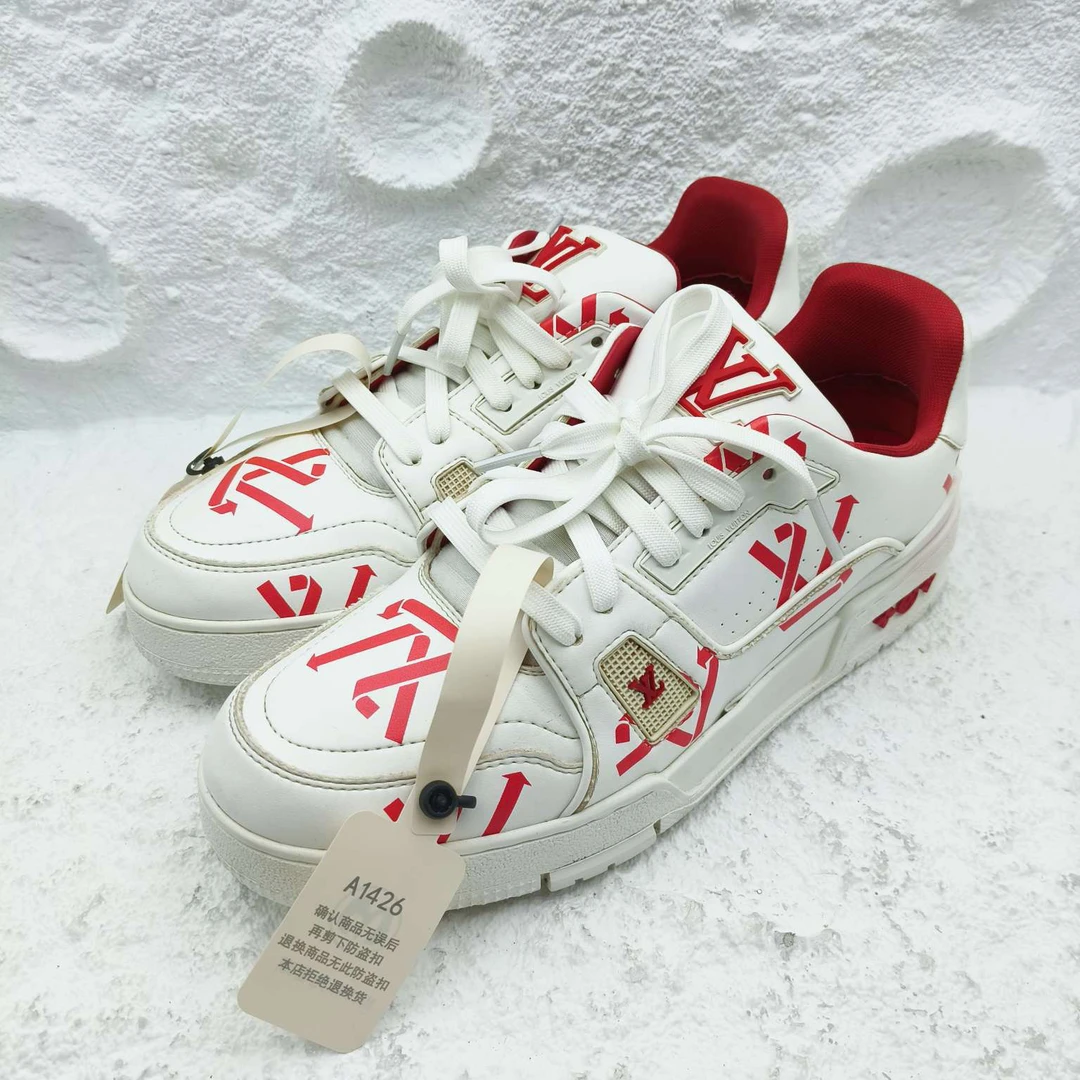 95新 LouisVuitton/路易威登 6.5码/40.5码/白红环保Trainer板鞋