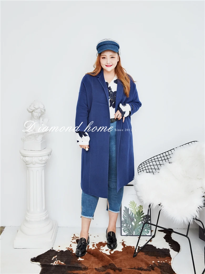 【钻石家大码】高端自制手缝线宽松双面呢羊毛大衣胖MM外套