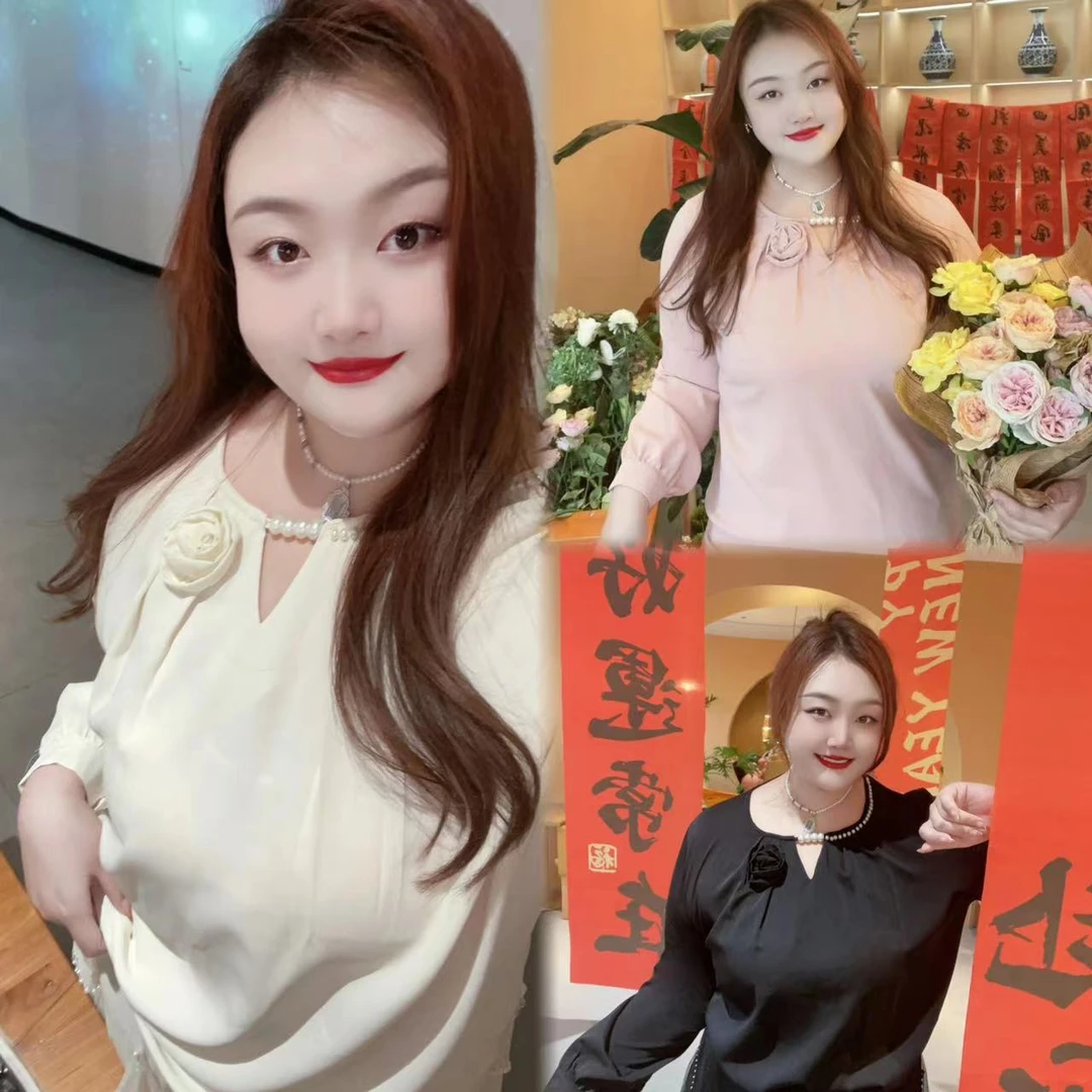 【温婉可可】钻石家大码轻奢立体花朵衬衫串珠圆领上衣衬衣 DCY2405