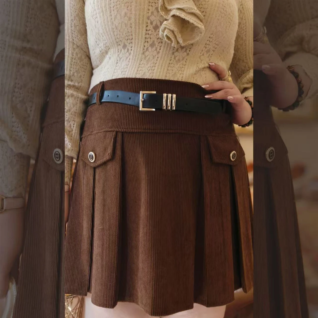 【太妃糖】钻石家大码轻奢美拉德棕百褶灯芯绒腰带半身裙 DBQ2425