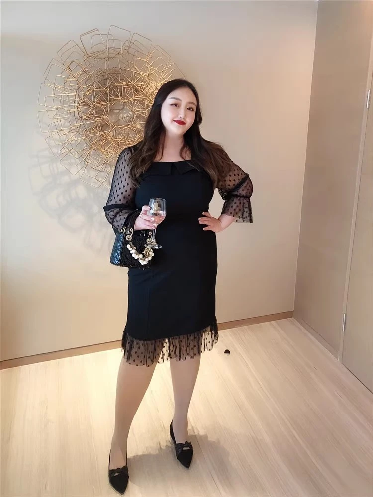 【钻石家大码】自制法式波点蕾丝胖mm连衣裙气质优雅 OP19099