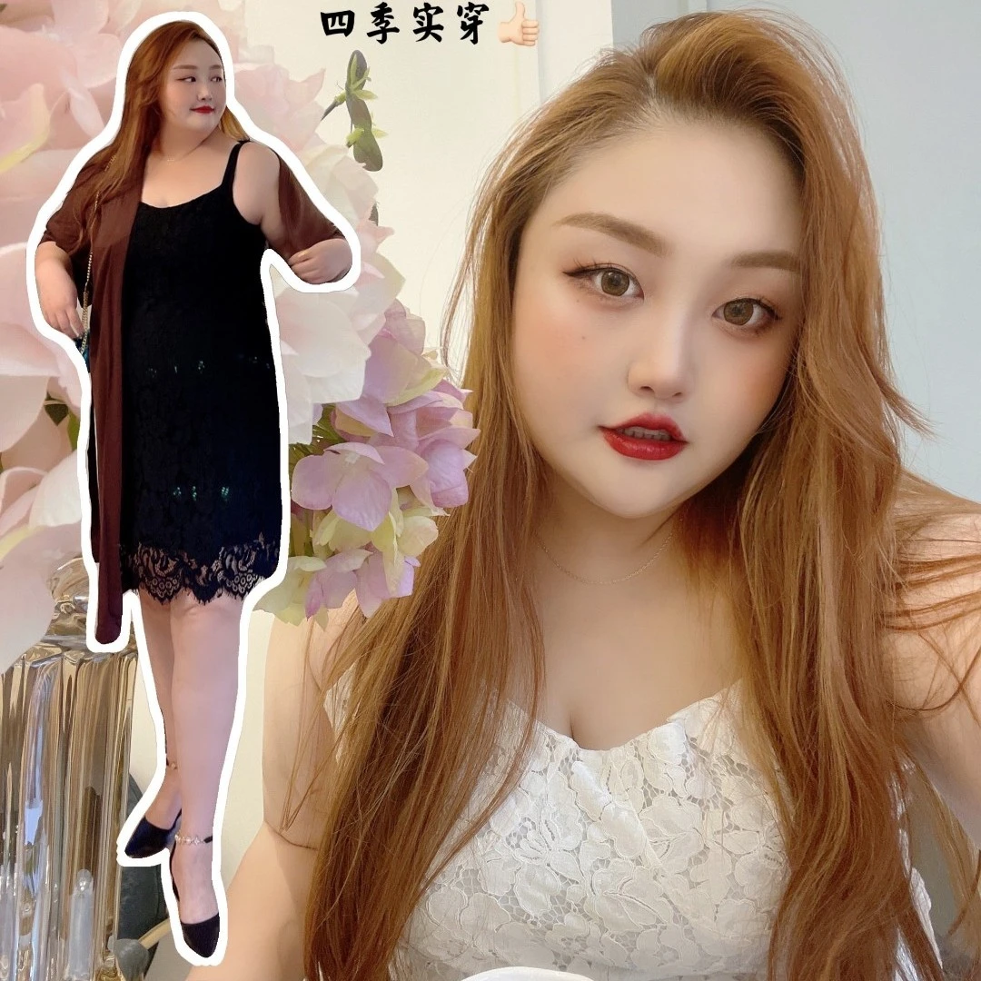 【钻石家大码】夏胖mm连衣裙显瘦蕾丝吊带裙黑白 OP21071