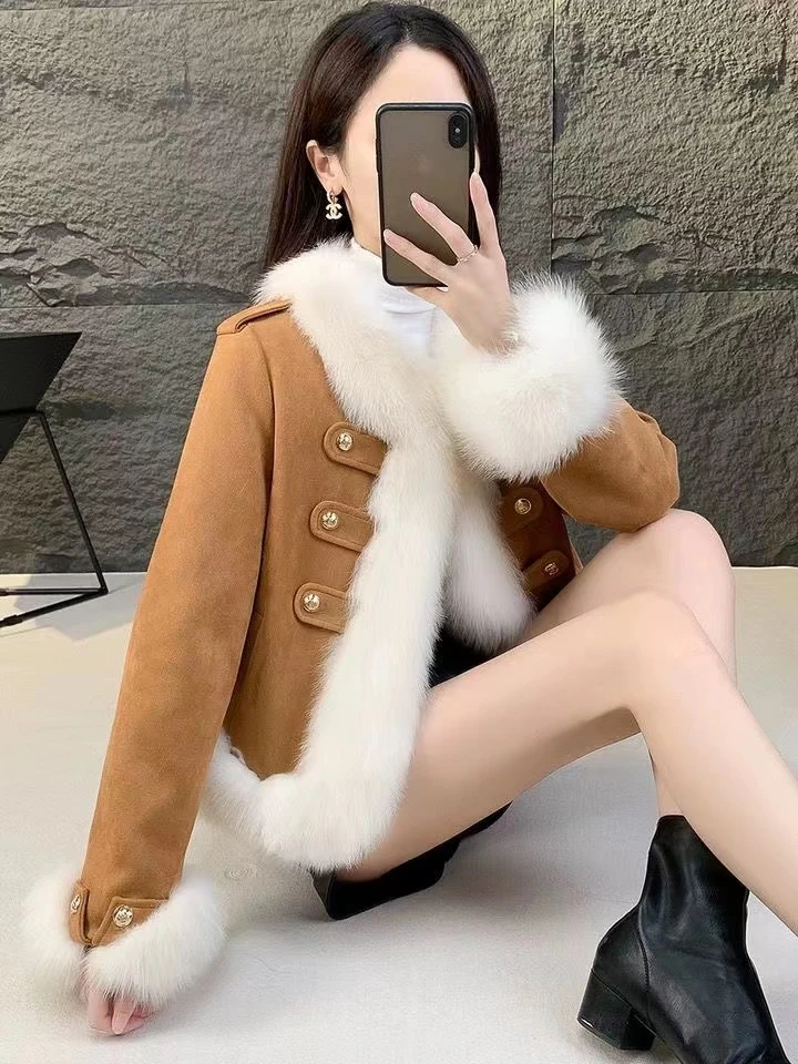 （001）2023新款女外套进口狐狸毛短款秋冬厚外套冬季