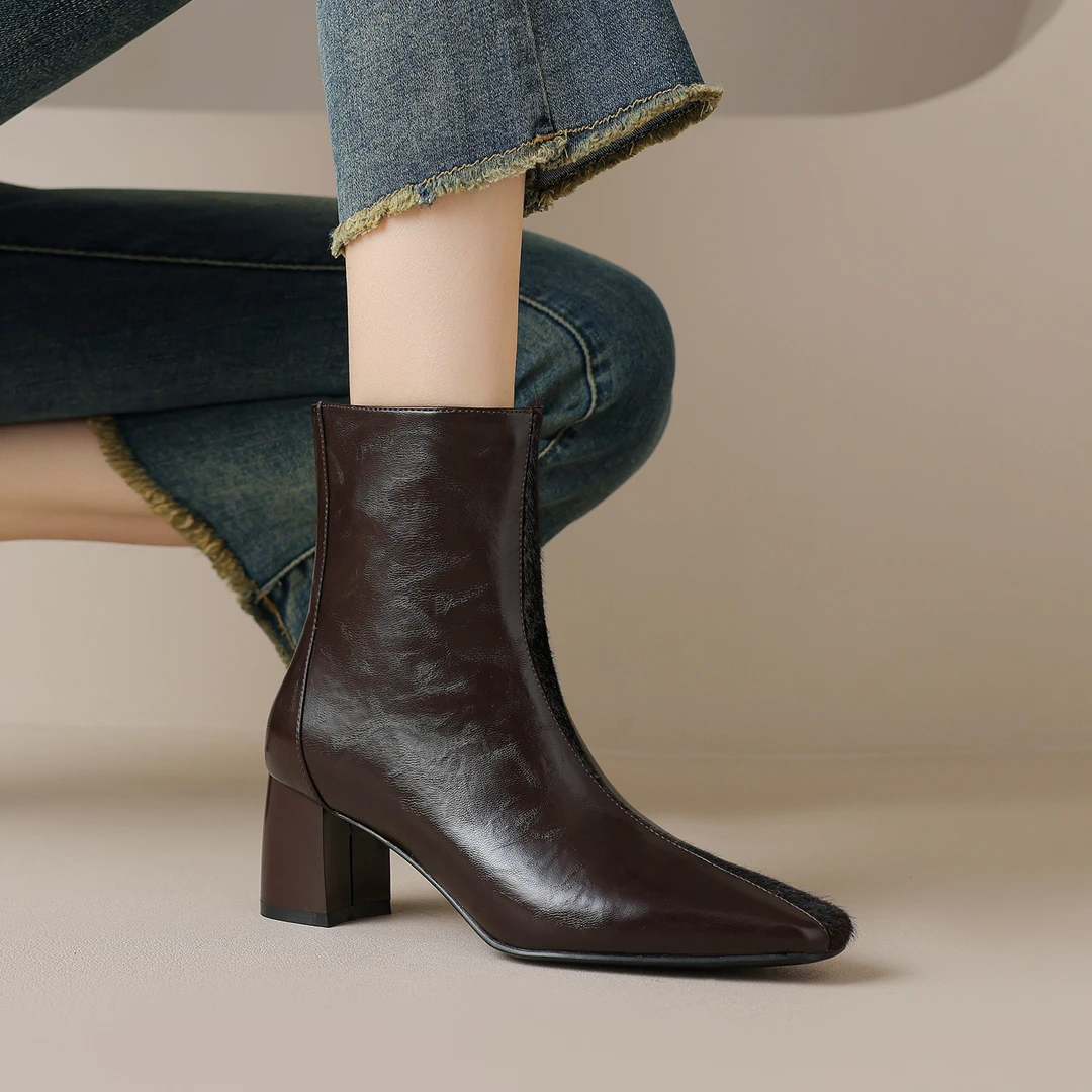 【跟高5cm】真皮复古方头高跟短靴弹力靴女粗跟瘦瘦靴显瘦秋冬新款