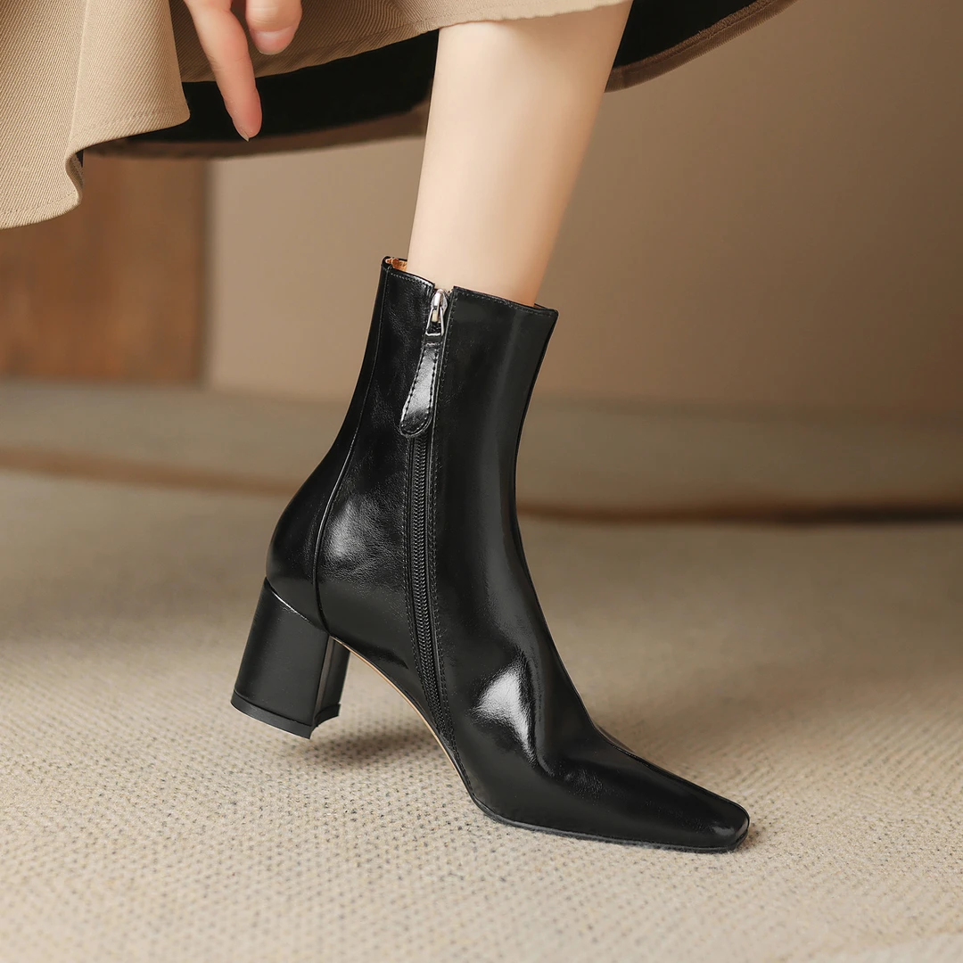 【跟高6cm】真皮高跟短靴女粗跟方头裸靴百搭瘦瘦靴踝靴简约女鞋子