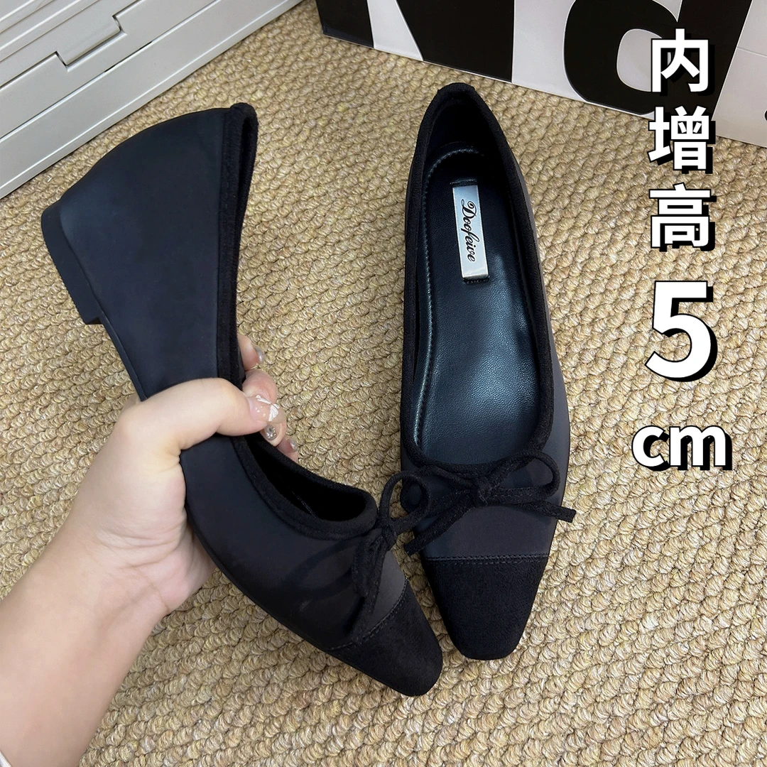 方头内增高5CM法式浅口蝴蝶结绒面秋冬款一脚蹬玛丽珍通勤女单鞋