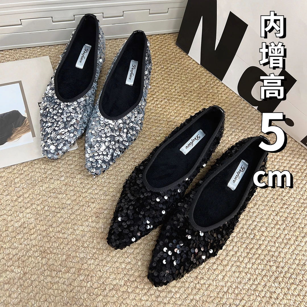 方头内增高5CM法式尖头春秋浅口单鞋亮片一脚蹬气质通勤平底鞋女