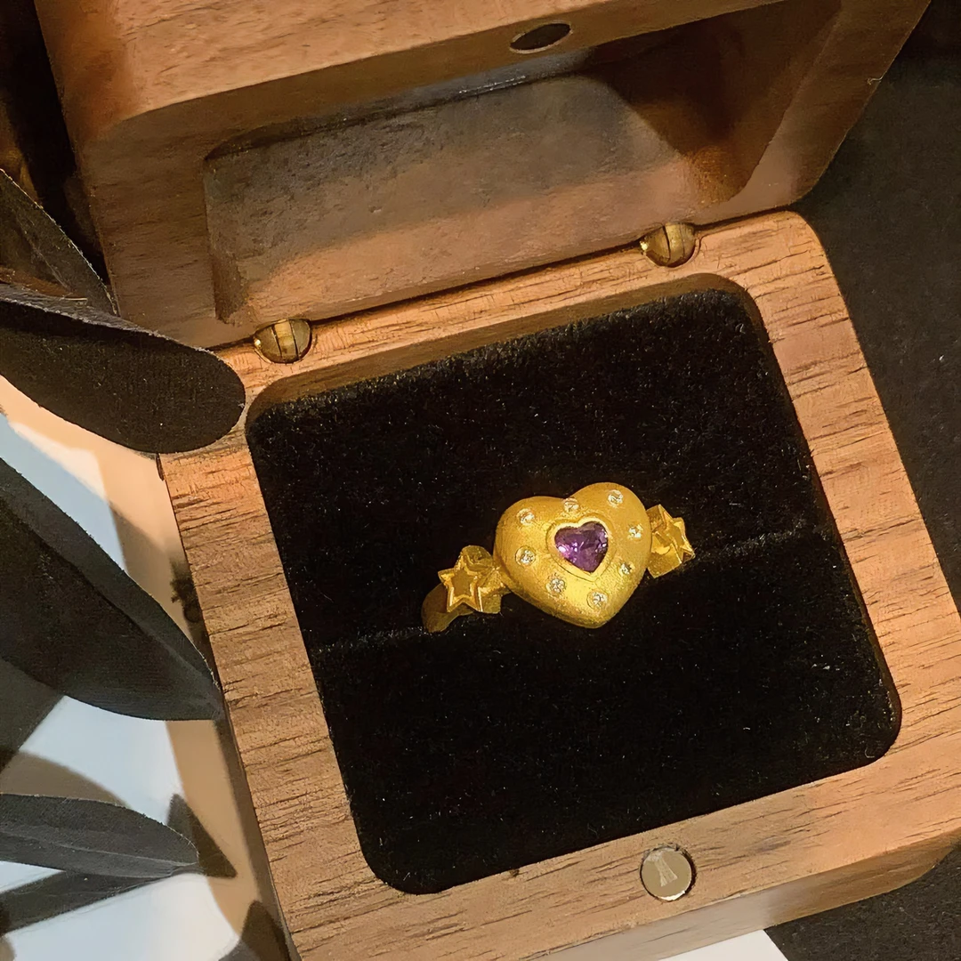 足金999 黄金5G工艺 满天星爱心莫桑戒指