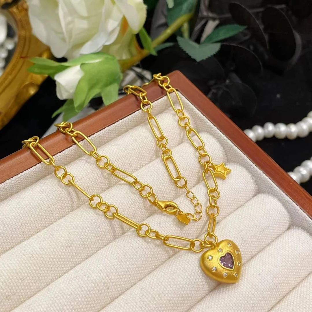 足金999 黄金5G工艺 满天星胖心项链