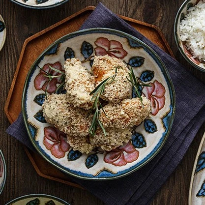 微瑕冲绳玫瑰花20.5cm陶瓷深盘日式饭盘8英寸家用盘子