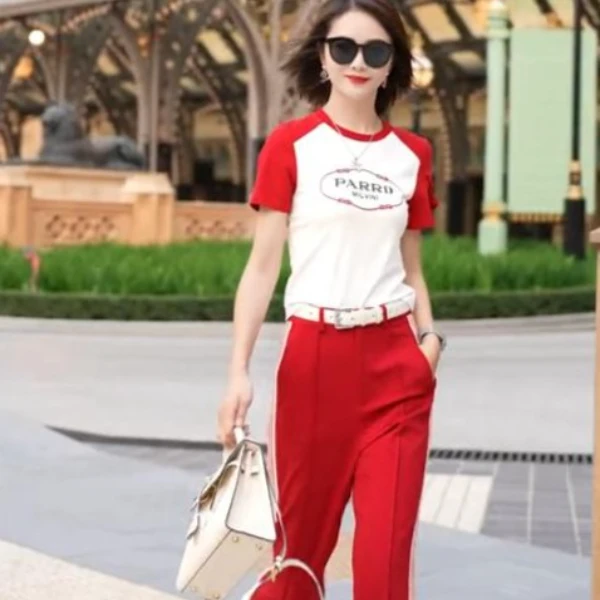 高级感拼色圆领短袖T恤字母印花上衣套装女红色阔腿裤运动套装潮