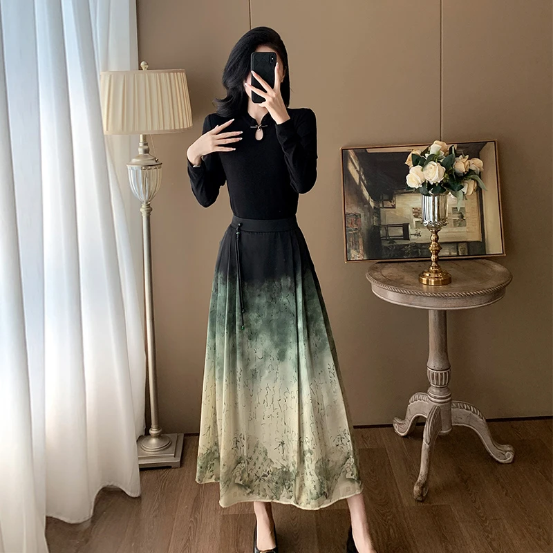 2024秋装新款长袖中式国风套装女复古显瘦T恤水墨画半身裙两件套
