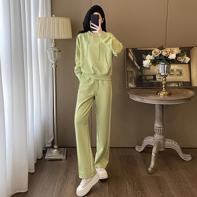 休闲运动套装女秋季新款抽绳连帽卫衣直筒卫裤两件套潮流气质减龄