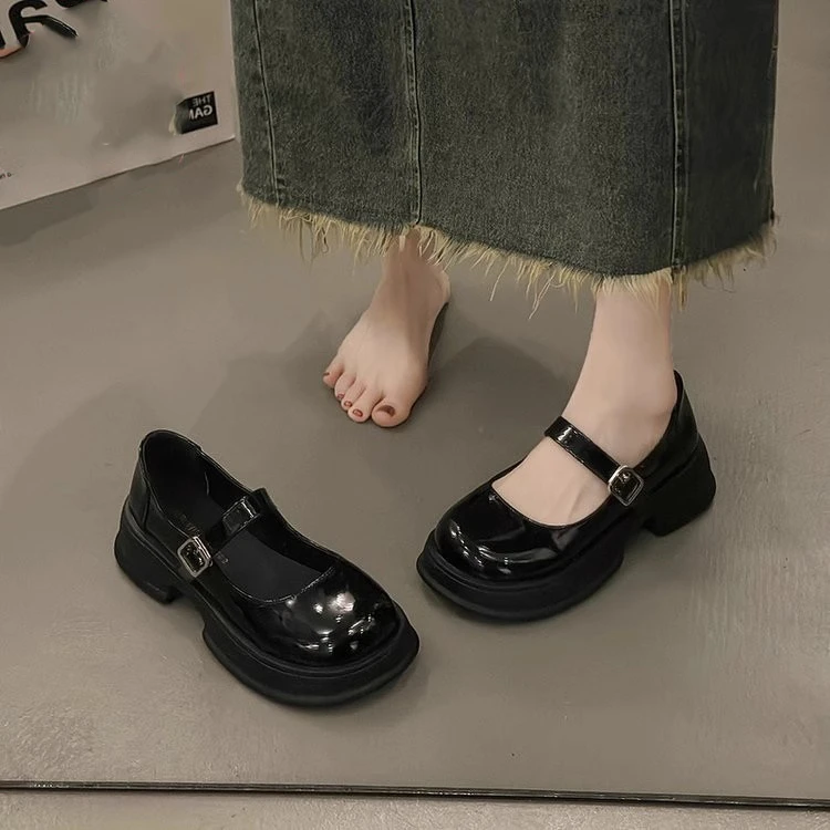 新百伦厚底舒适玛丽珍鞋女2024夏季新款浅口亮面黑色学院jk小皮鞋