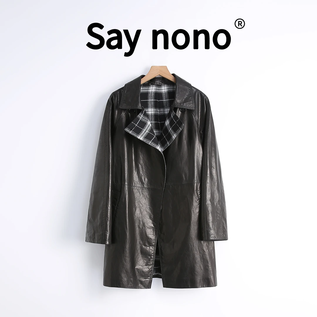 懒猫nono│Saynono “酷感十足”长款翻领皮风衣外套/F195