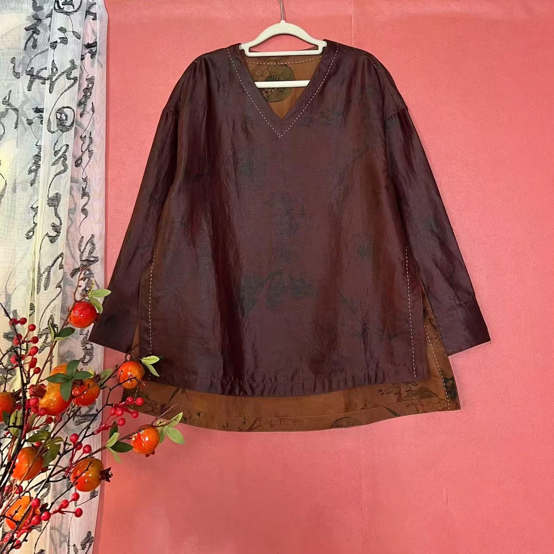 西西推荐-25358-新中式国风香云纱红皮子上衣